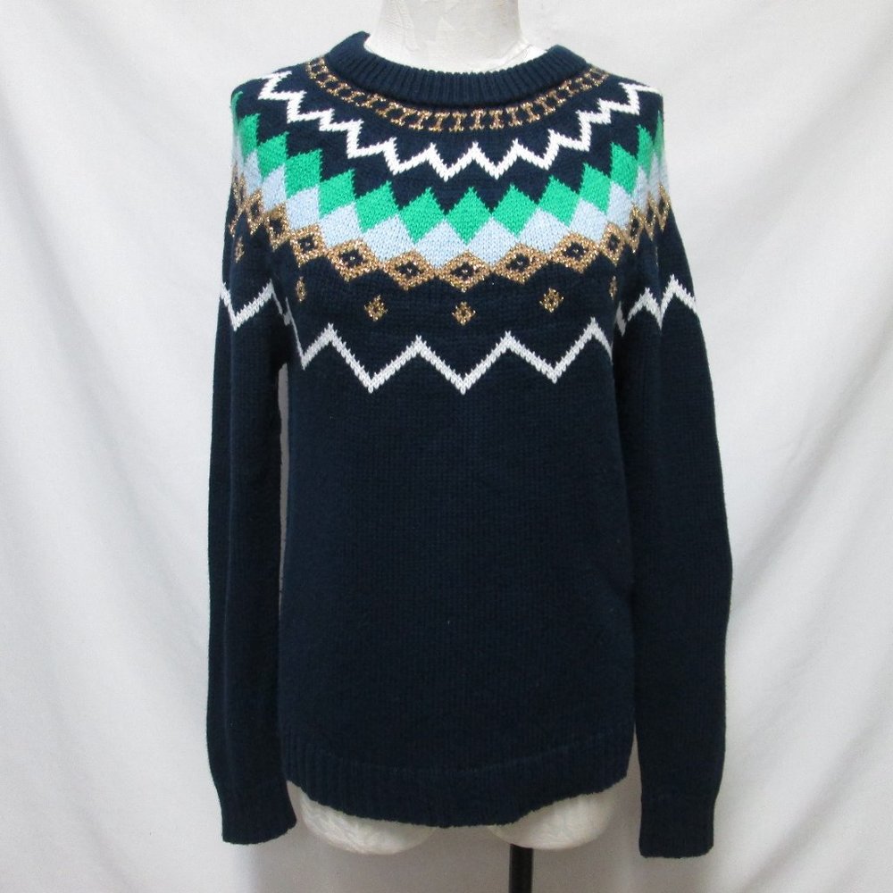 J Crew fair isle crewneck sweater blue Christmas Holidays Size Sz Medium Md M